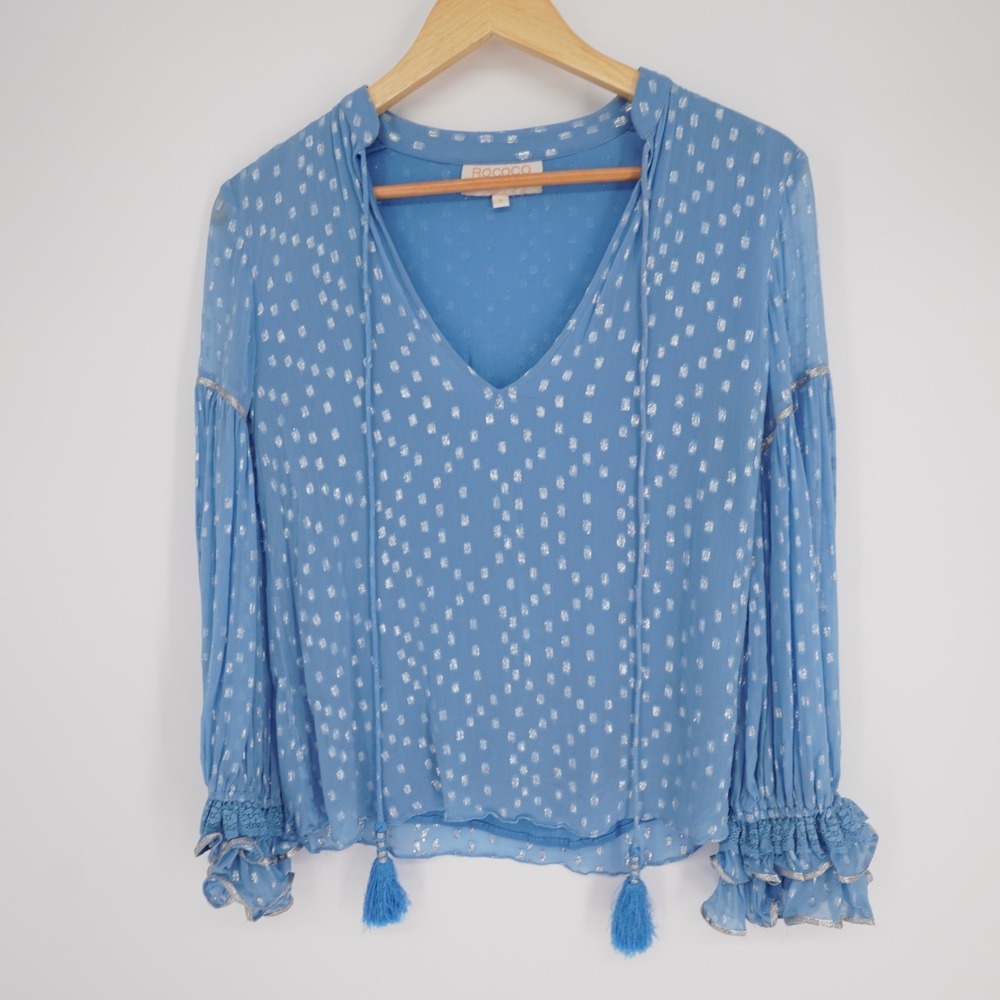 Rococo Sand Boho Glam Top Womens S Blue Metallic Tassel Ruffle Resort V Neck